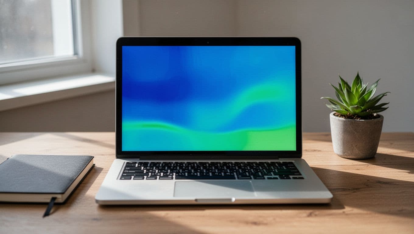 Laptop screen shows cohort retention chart in blue-green tones, in workspace with notebook and plant.