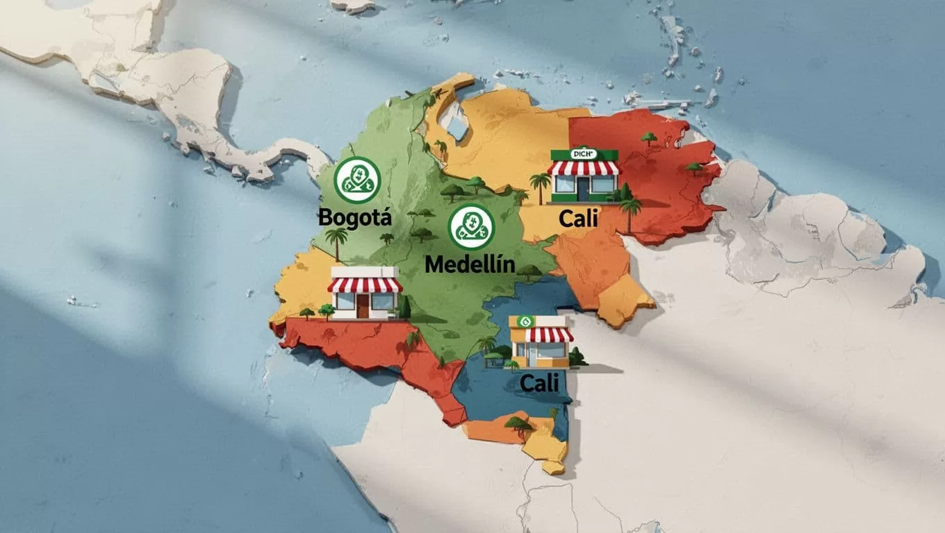Illustrated map of Colombia highlighting major cities with cash pickup partner icons.