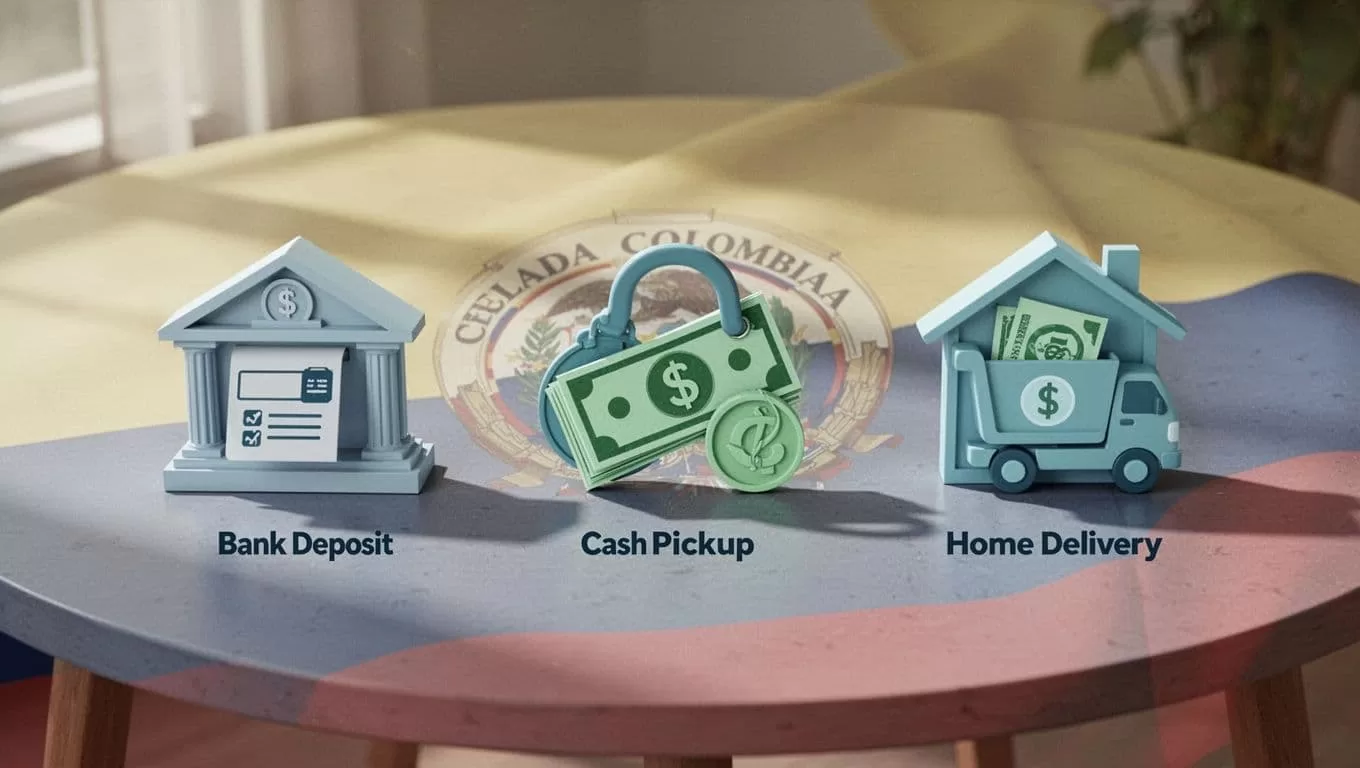 Simple icons of bank deposit, cash pickup, and home delivery on a table with subtle Colombian flag background.