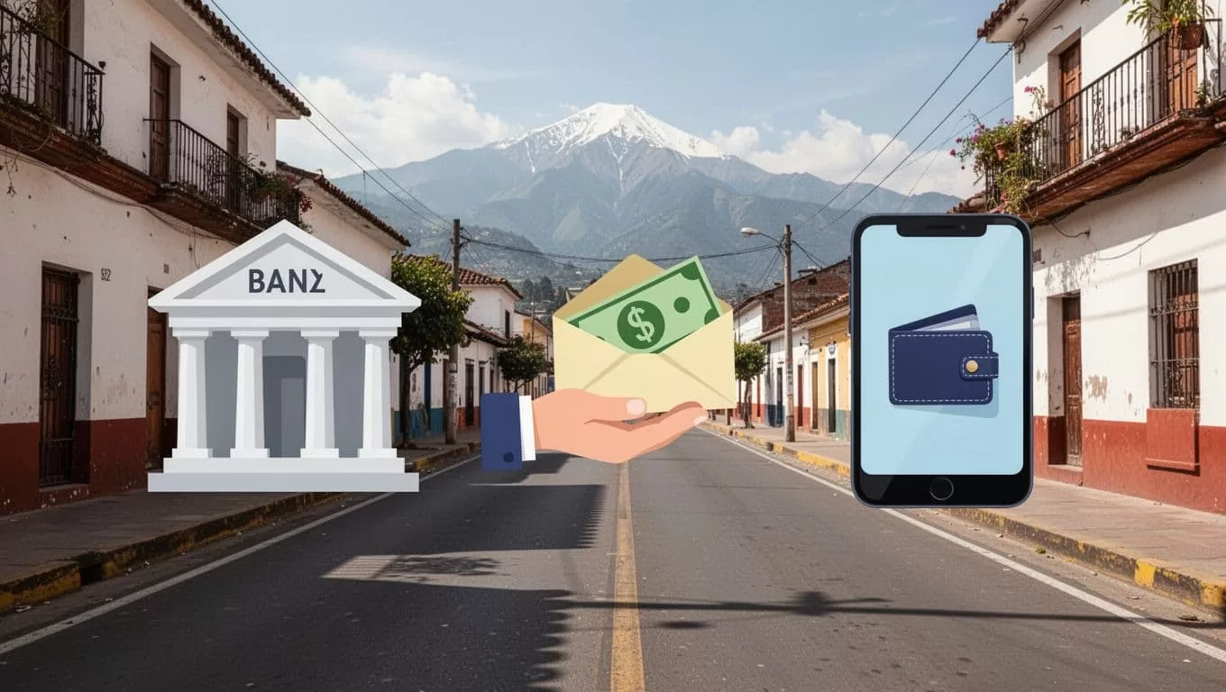 Three icons for bank deposit, cash pickup, and mobile wallet on Colombian city street with distant mountains.