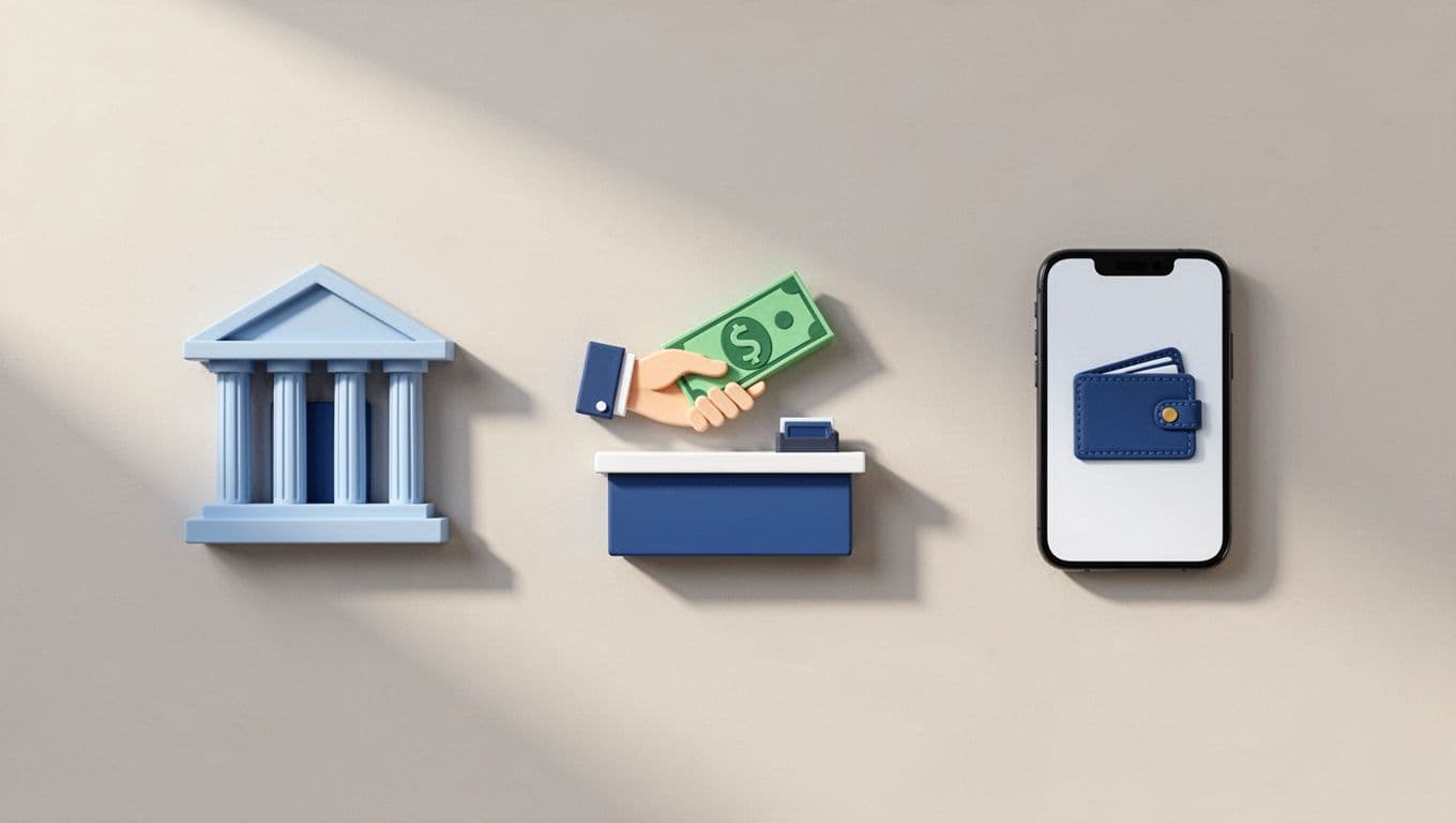 Side-by-side icons show bank deposit, agent cash pickup, and mobile wallet on neutral background.