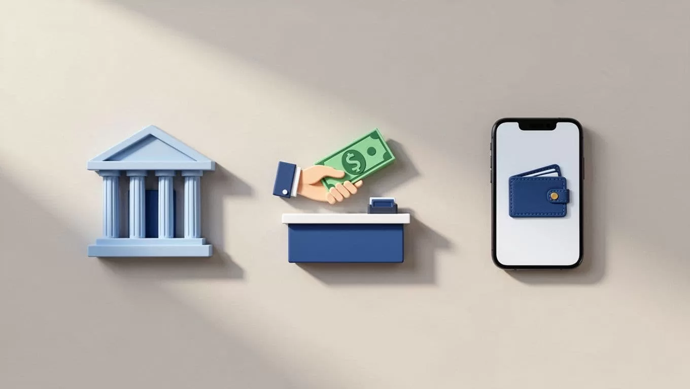 Side-by-side icons show bank deposit, agent cash pickup, and mobile wallet on neutral background.
