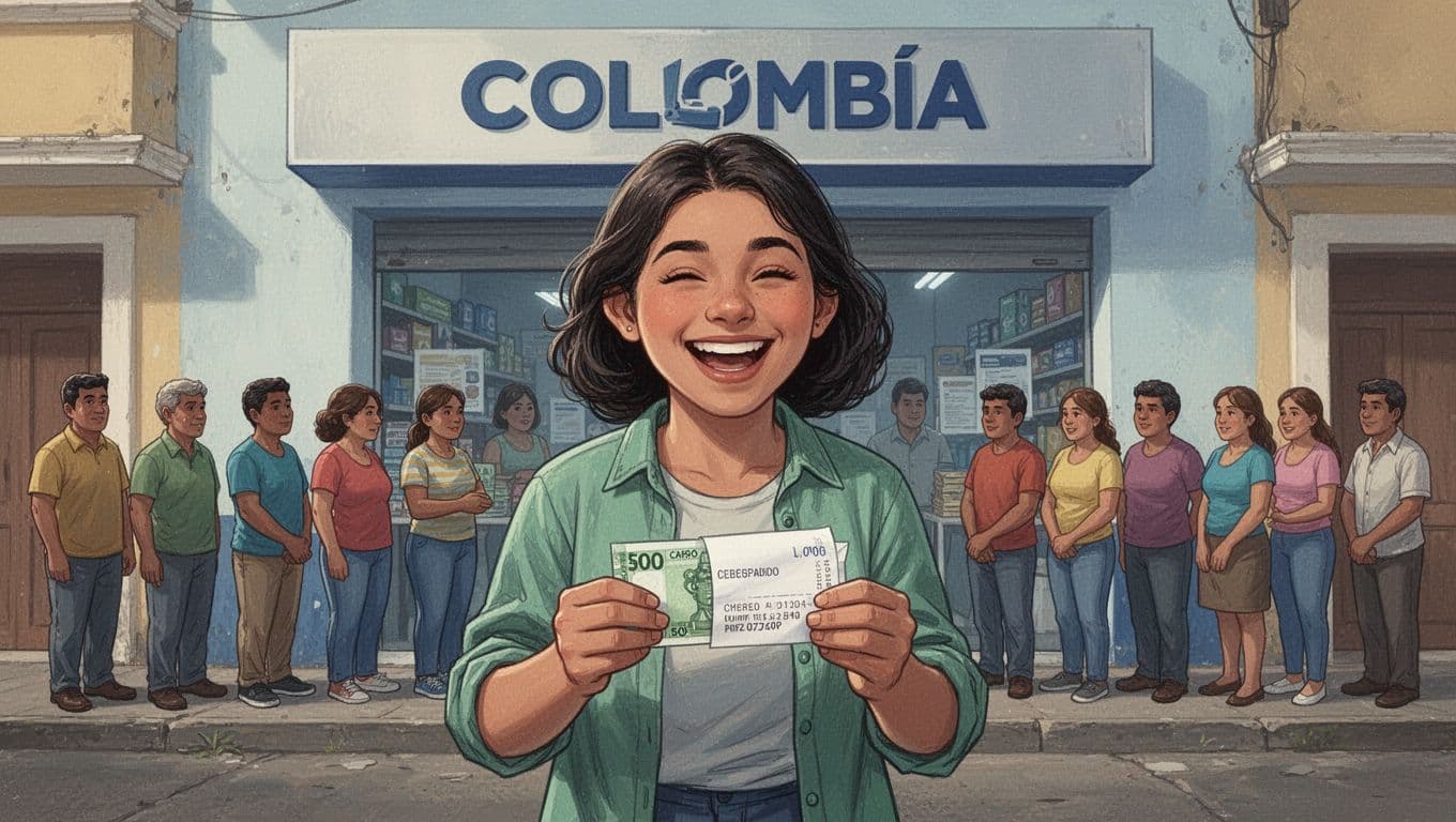 Happy recipient holds cash envelope and receipt at storefront agent on vibrant street.