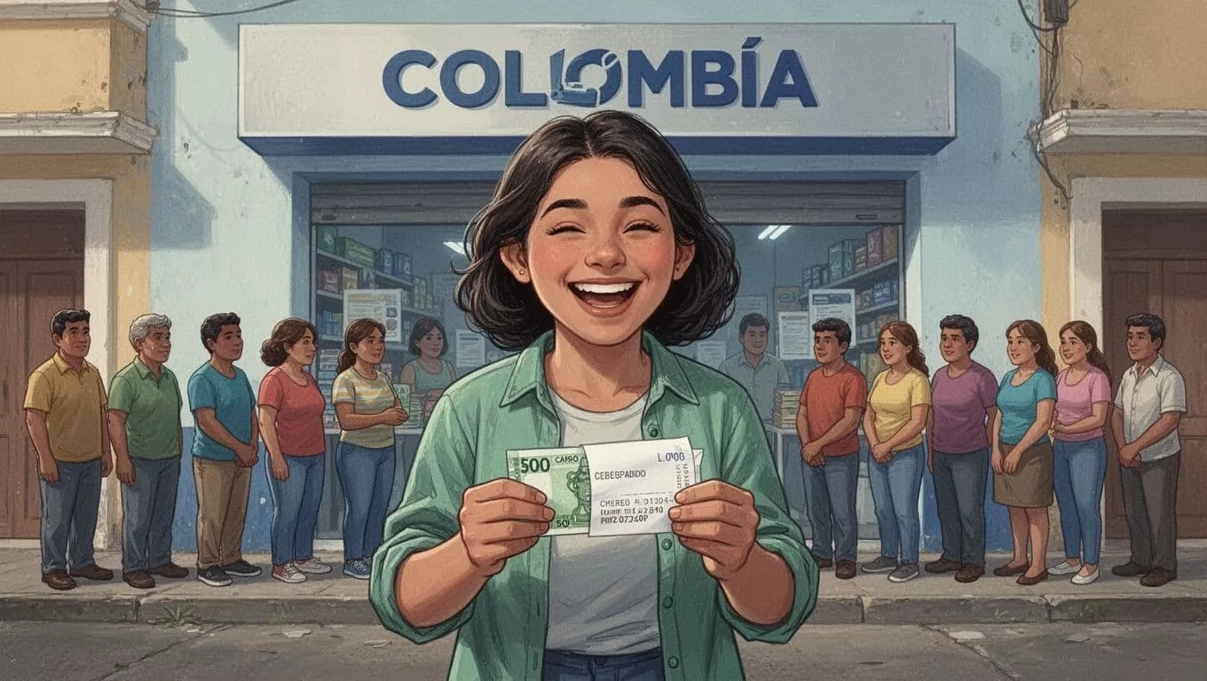 Happy recipient holds cash envelope and receipt at storefront agent on vibrant street.