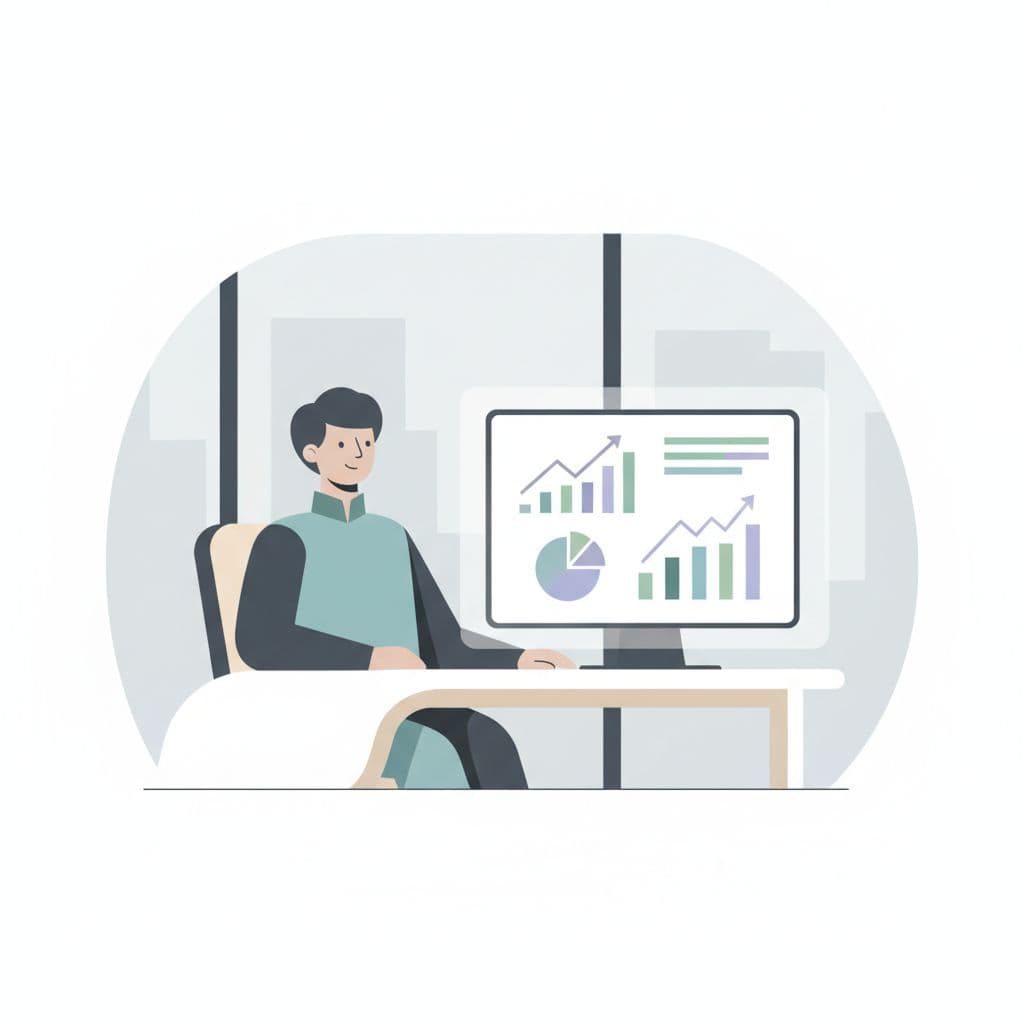 A focused individual examines intricate financial charts and commission metrics displayed on a large sleek monitor. Soft geometric shapes define the minimalist office environment, emphasizing a calm and organized workflow atmosphere.