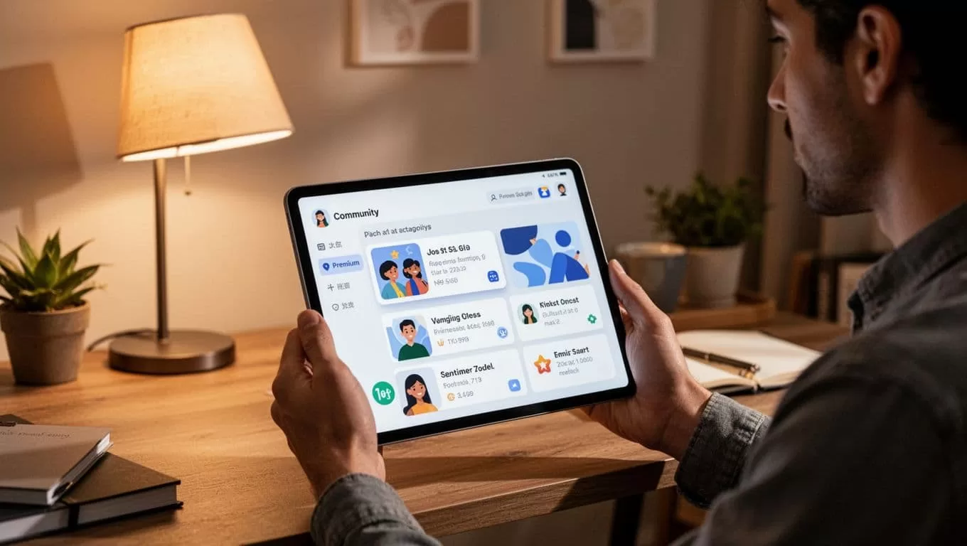Community builder holds tablet in cozy home office showing Skool community feed with premium-marked posts.