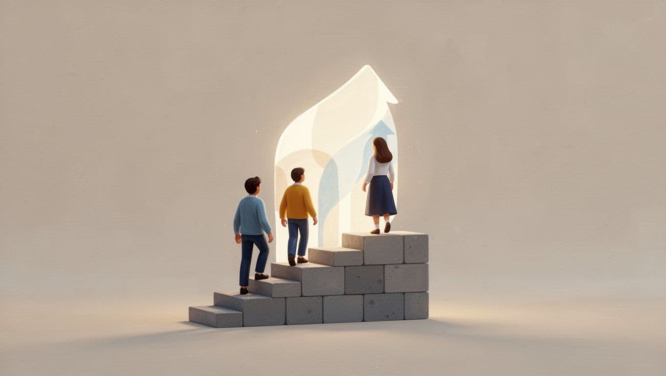 Group of people climbs simple block staircase toward glowing abstract shape on neutral background.