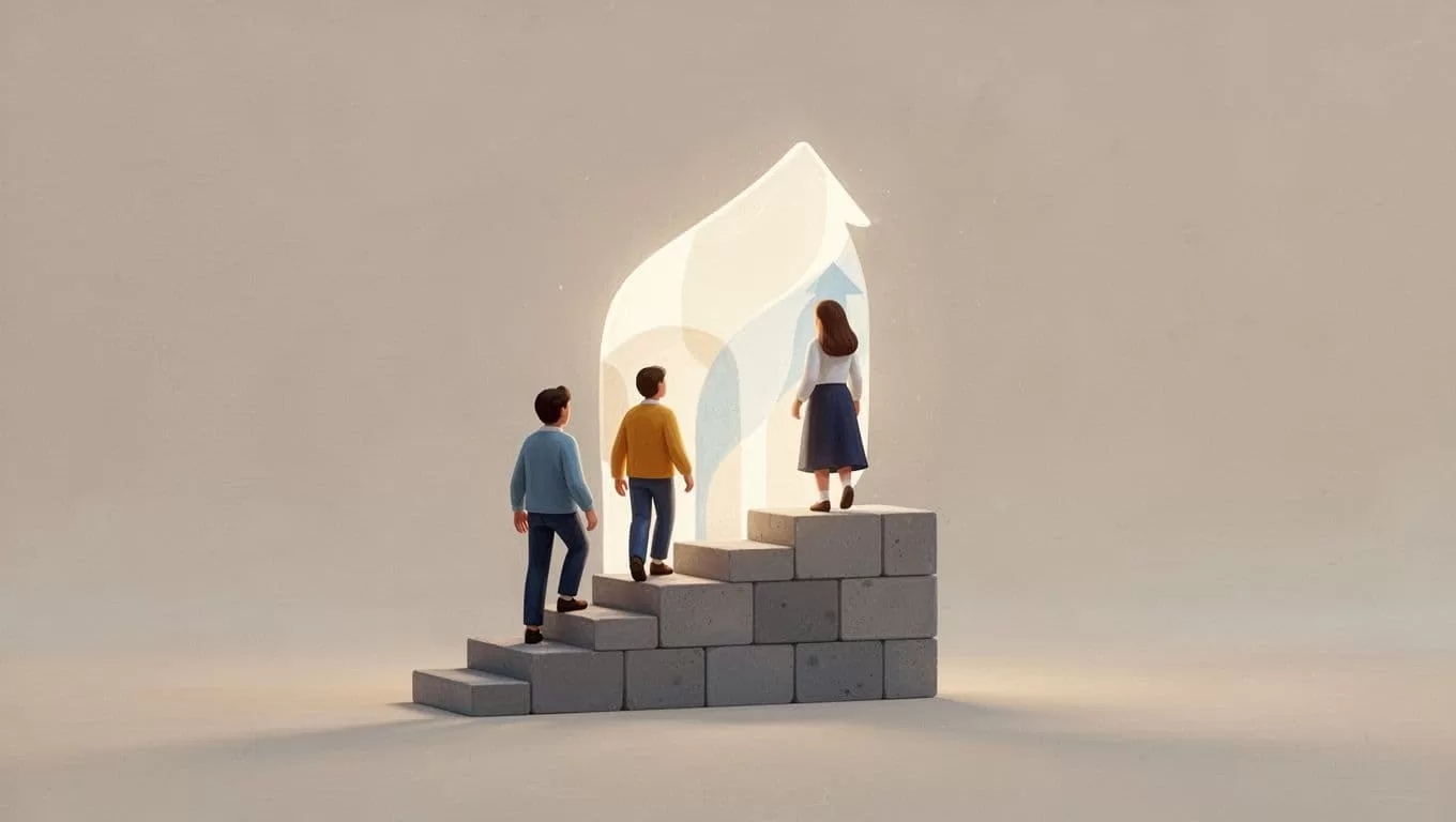 Group of people climbs simple block staircase toward glowing abstract shape on neutral background.
