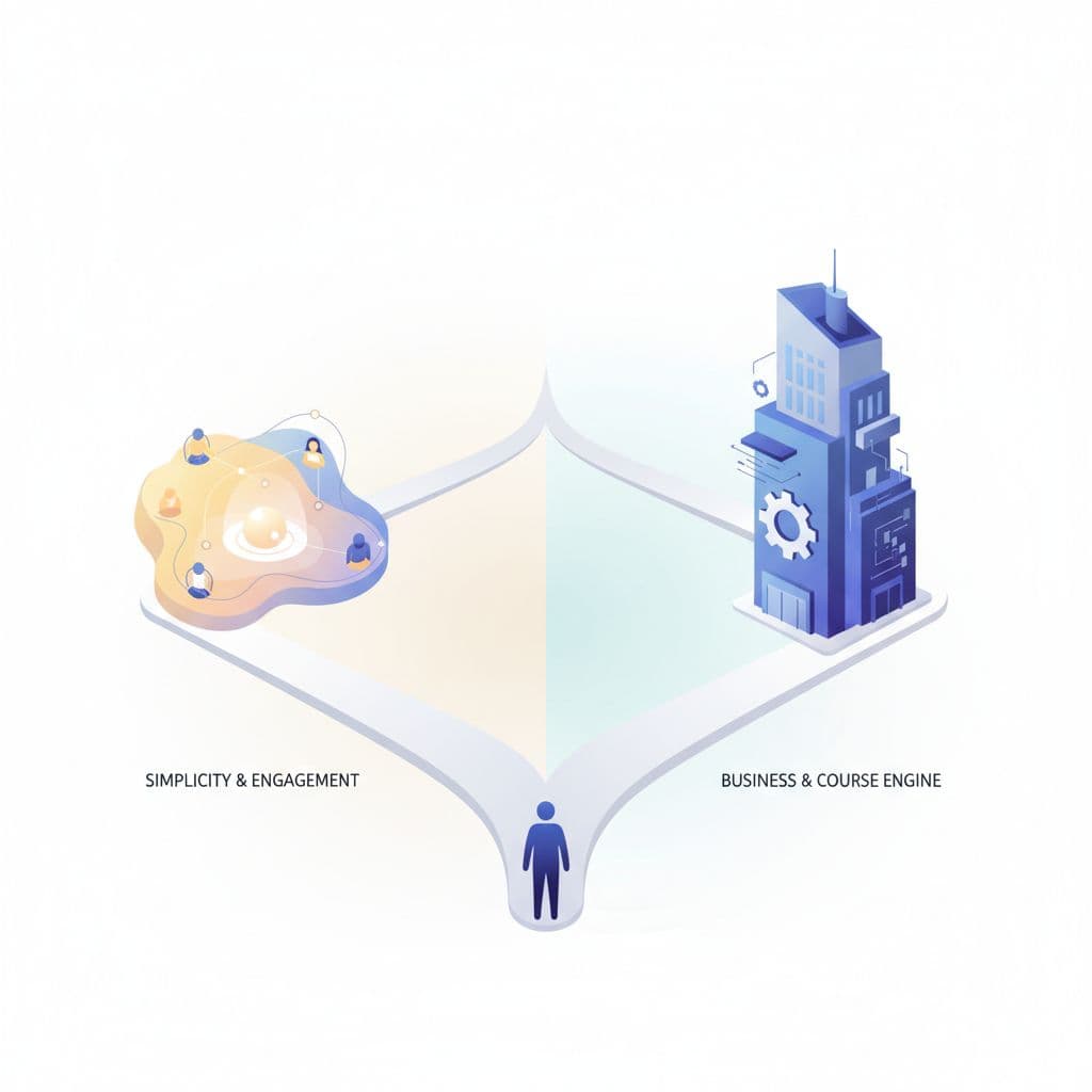 A flat illustration displays a glowing, rounded community space on the left and a structured, multi-story office building on the right. Soft pastel pathways bridge the visual gap between both sites.