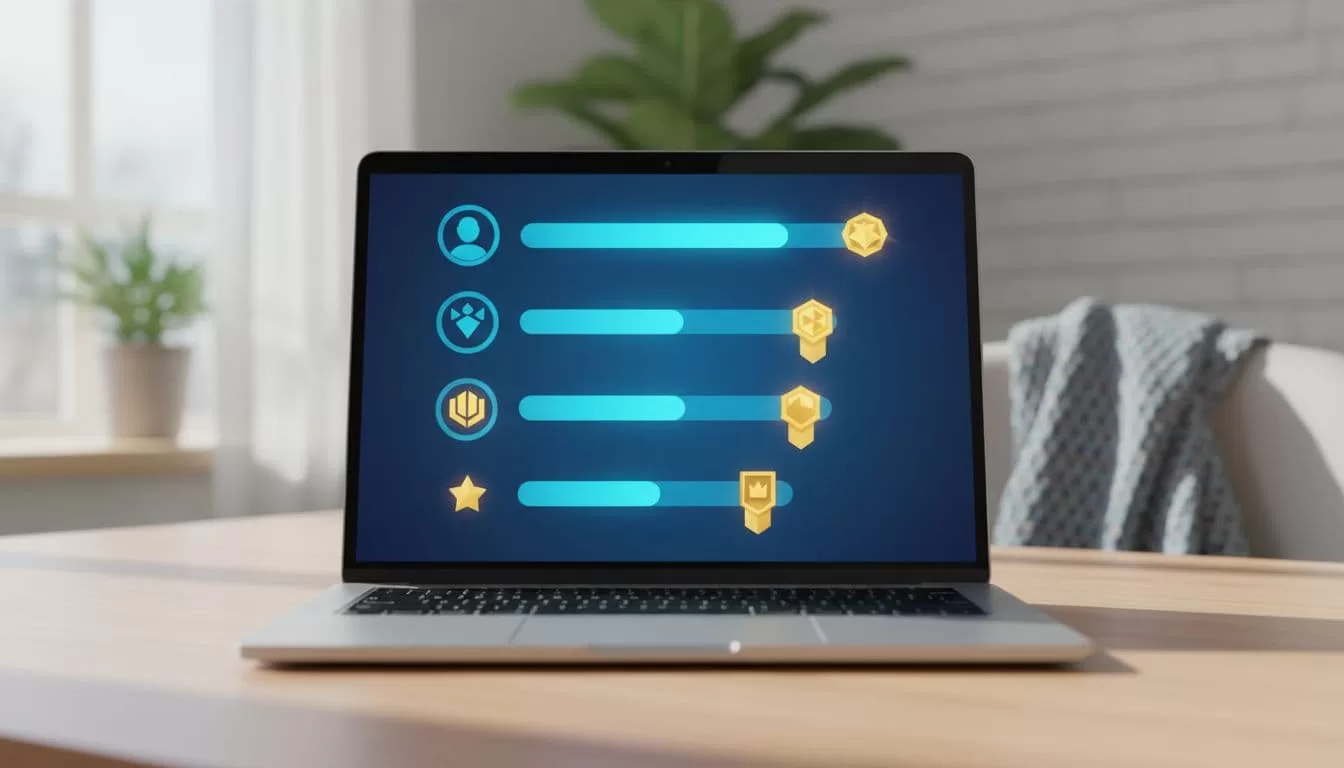Sleek laptop screen in cozy workspace displays vibrant community leaderboard with top five avatars and glowing badges.