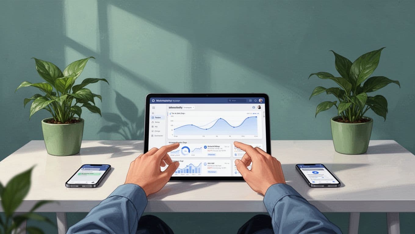 Community manager at desk reviews analytics dashboard on tablet next to phone with notification in simple office with plants.