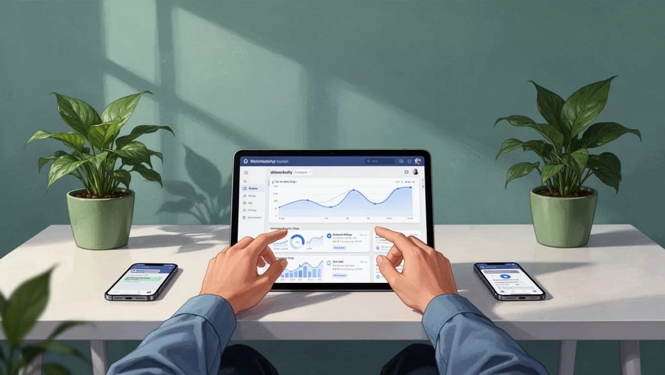 Community manager at desk reviews analytics dashboard on tablet next to phone with notification in simple office with plants.