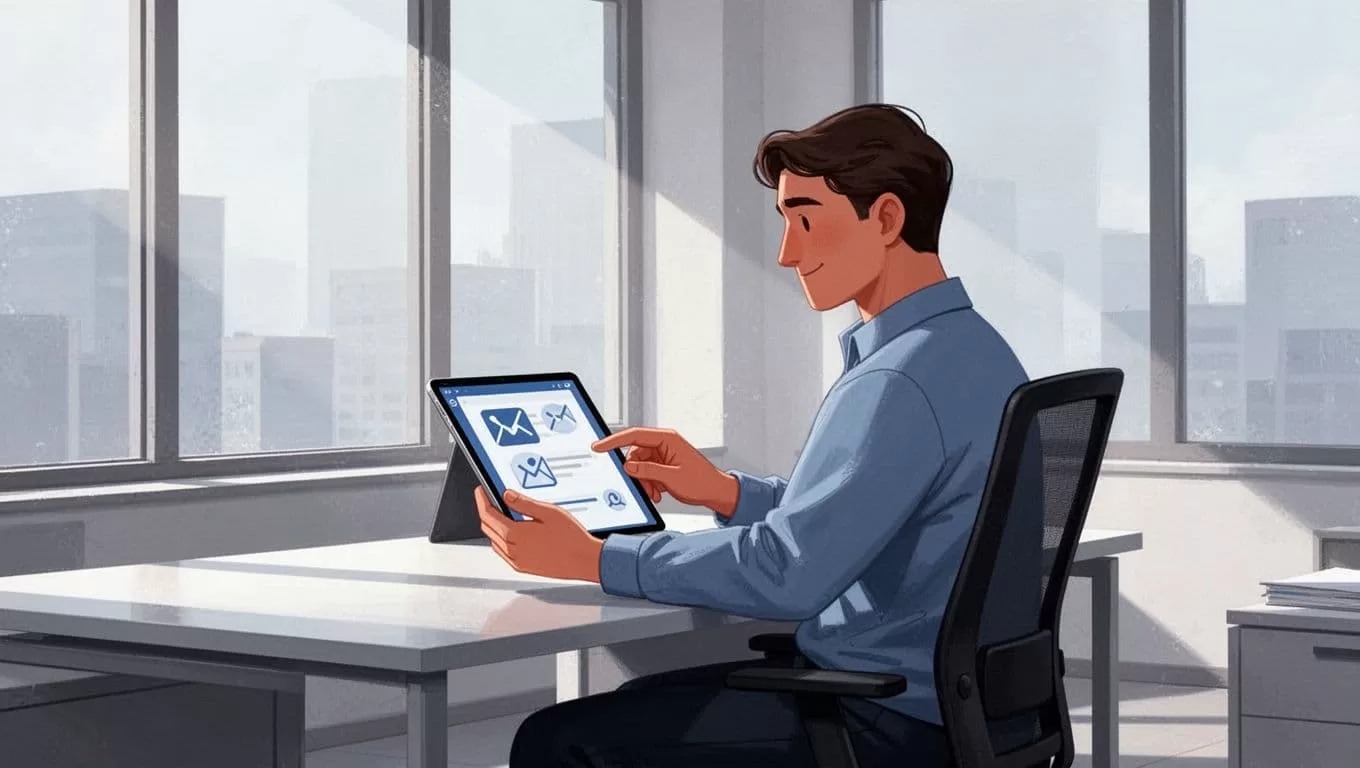 Community moderator holds tablet in modern office reviewing posts.
