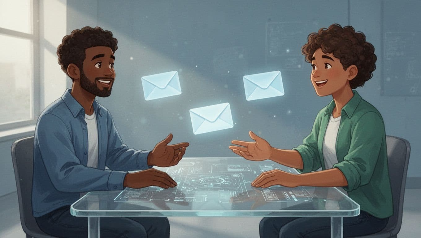 Three diverse people chat relaxed around virtual table with onboarding email icons flowing in.