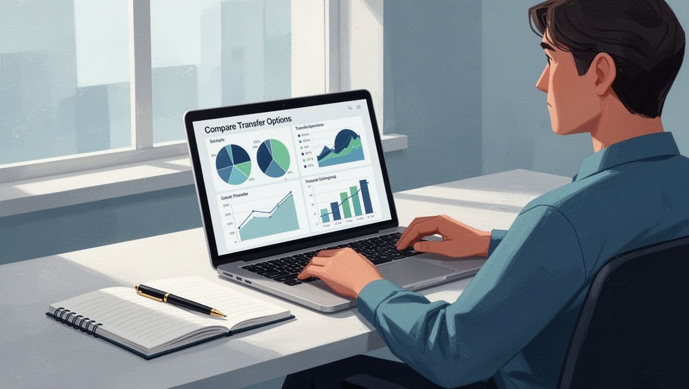 One person in relaxed pose reviews charts on angled laptop screen at desk with notebook and pen.
