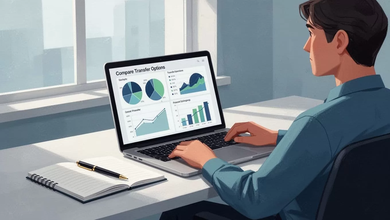 One person in relaxed pose reviews charts on angled laptop screen at desk with notebook and pen.