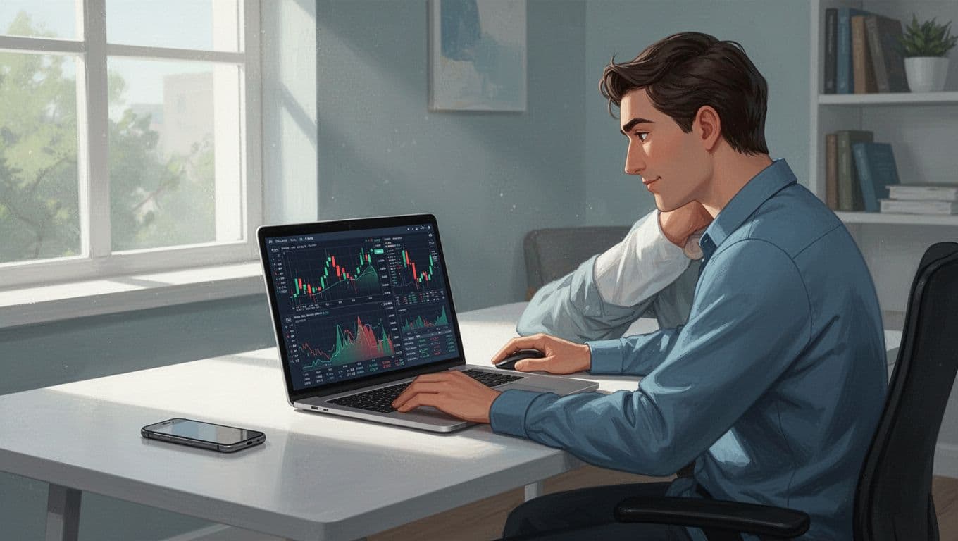 Side view of person at home desk comparing USD to NGN exchange charts on laptop, hand on mouse, phone nearby.