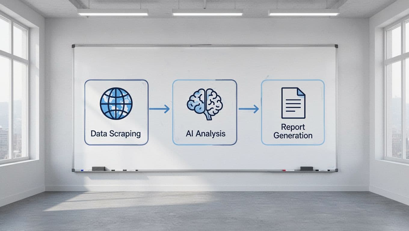 Whiteboard flowchart in empty room shows web, brain, and report icons connected by arrows in blues and grays.
