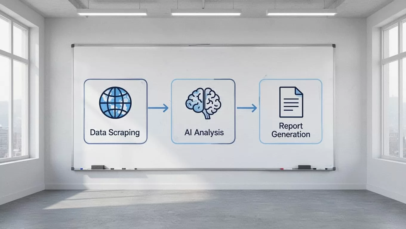Whiteboard flowchart in empty room shows web, brain, and report icons connected by arrows in blues and grays.
