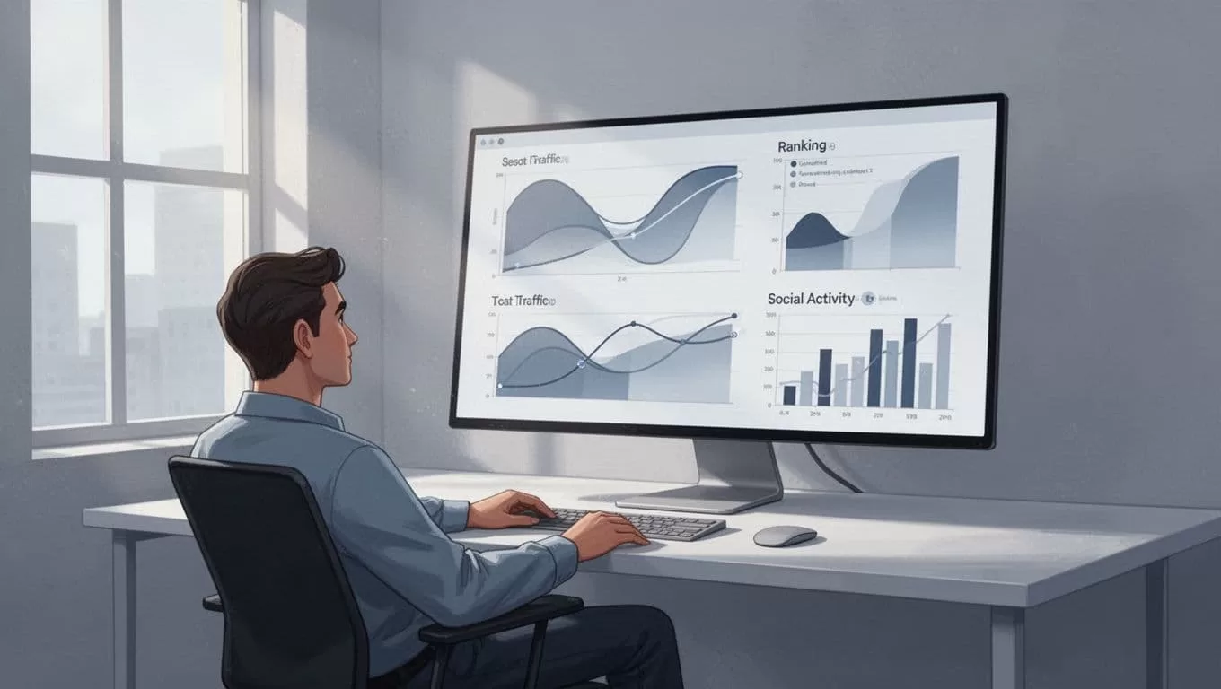 Data analyst seated relaxed at desk views large monitor displaying competitor metrics dashboard with traffic graphs and charts in blues and grays.
