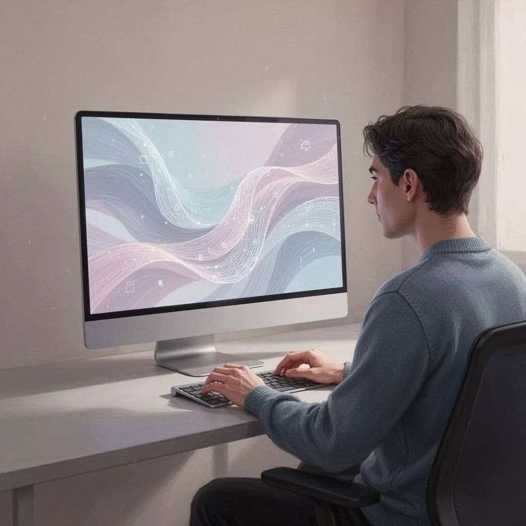 A stylized flat illustration features a person interacting with a minimalist computer monitor displaying abstract software nodes. Muted geometric shapes represent a clean workflow process against a soft, neutral background.
