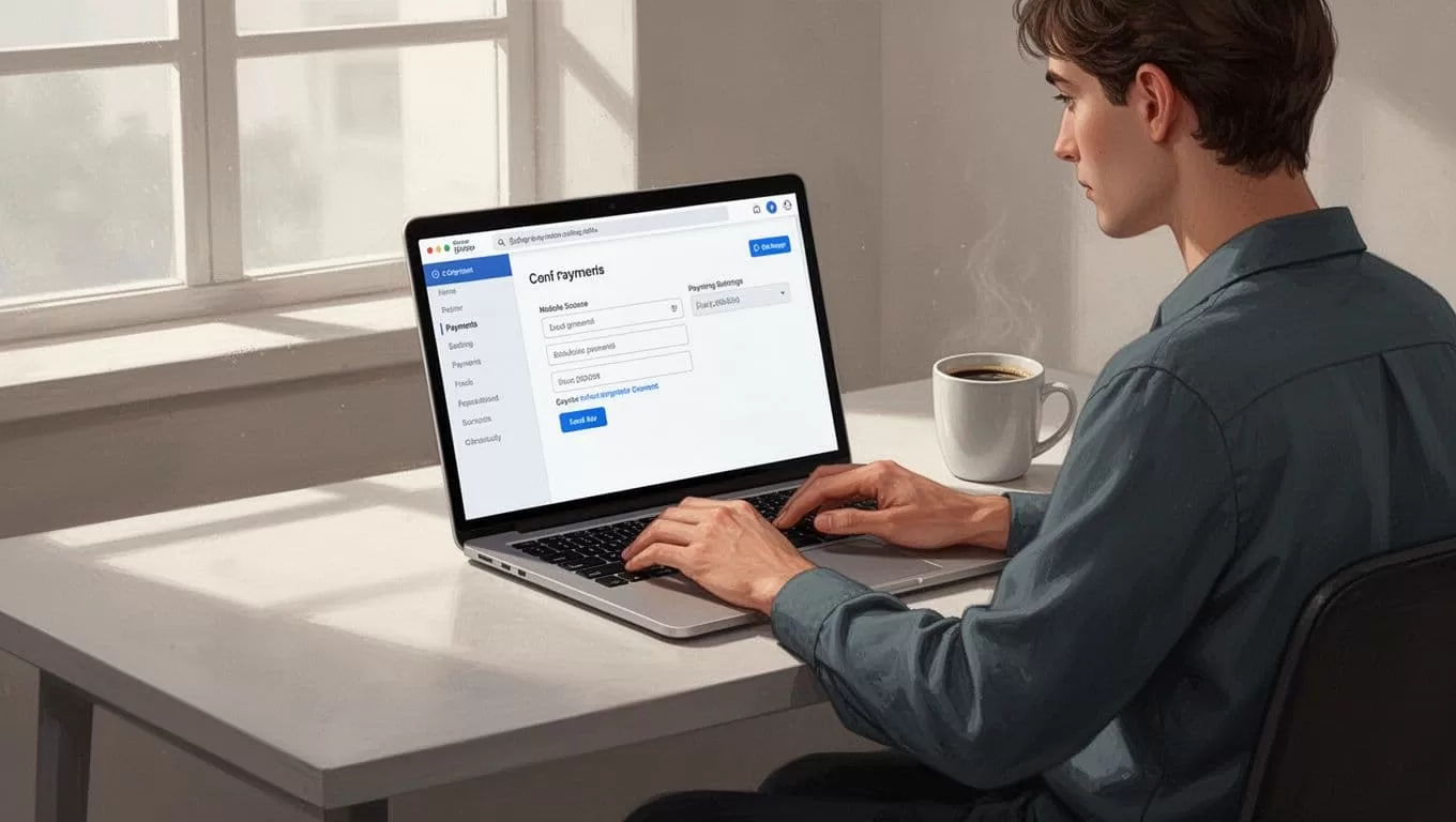 Creator at desk configures Stripe payments in Skool dashboard on laptop, coffee mug nearby.
