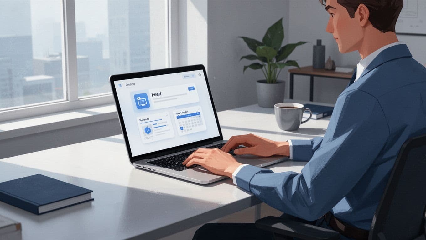 Consultant at modern desk in bright home office, laptop open to community dashboard with feed and calendar icons.