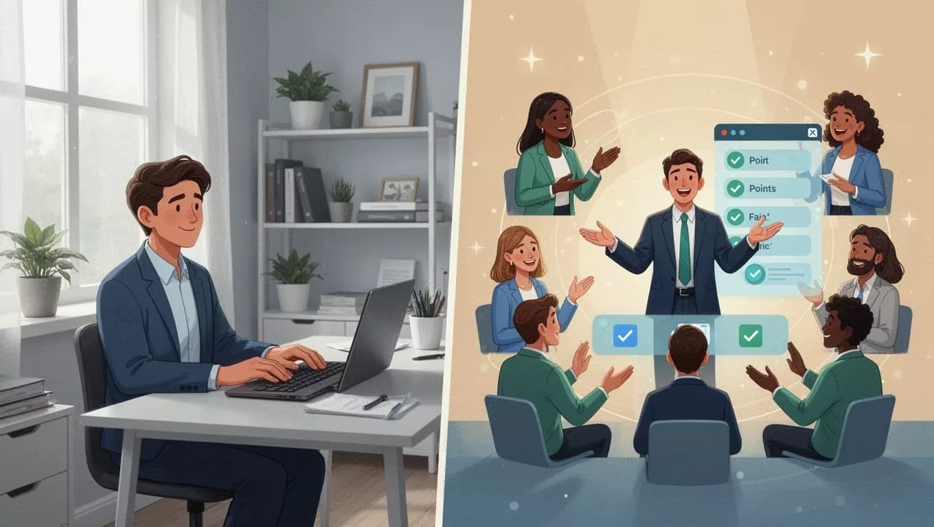 Split scene shows consultant at laptop on left and leading Skool dashboard session with six avatars on right.