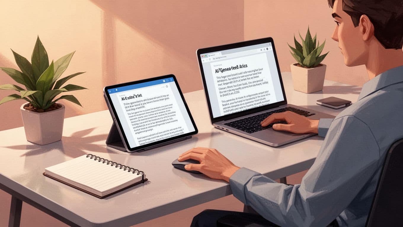 Content creator reviews articles from notes on laptop and tablet in workspace with plants and notebook.