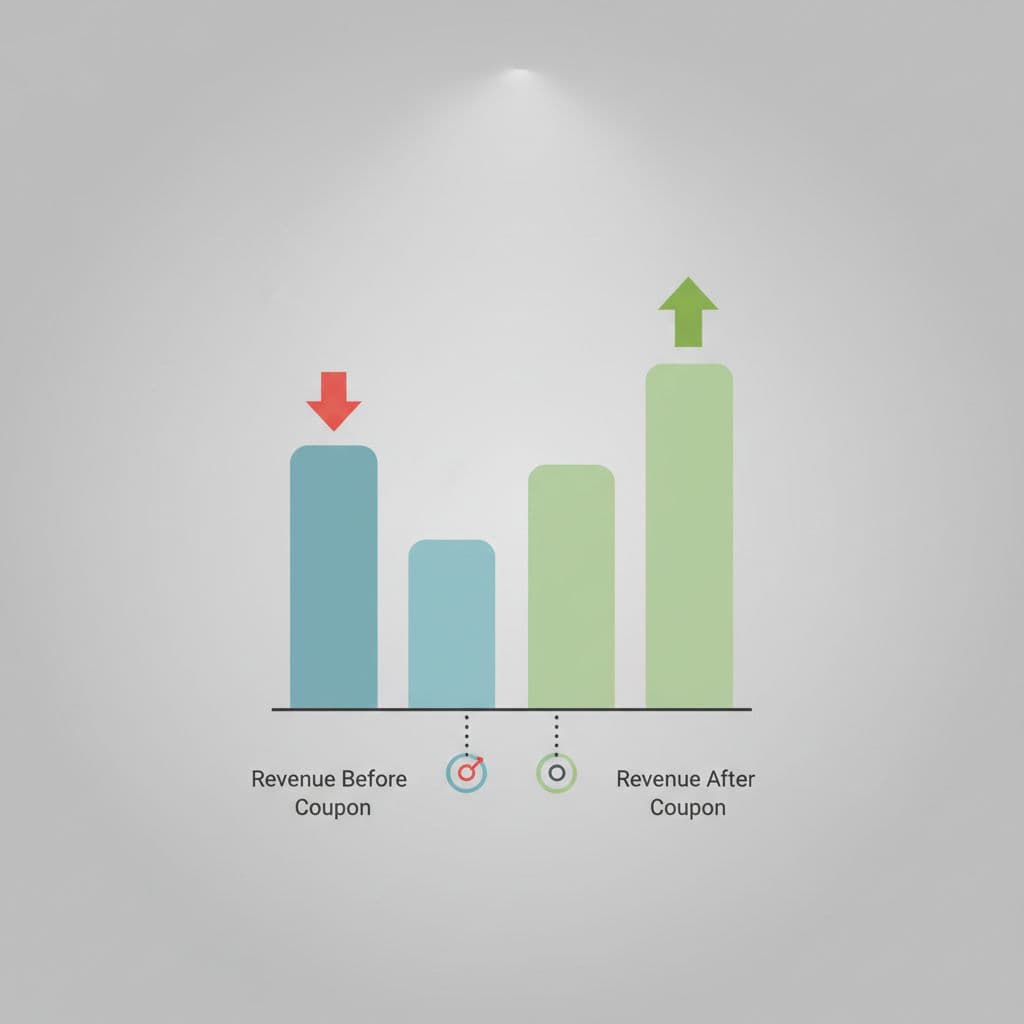 A minimalist bar chart features a small red downward arrow and a large green upward arrow.