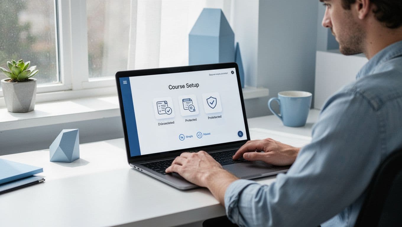 Solo creator at home office desk with laptop showing MemberSpace dashboard and course setup icons.