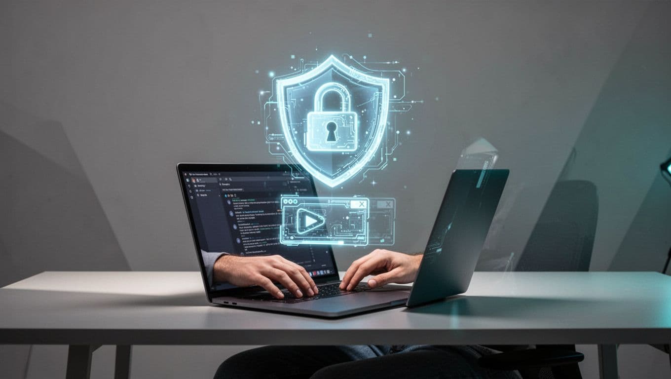 Creator at desk protects video file with digital lock and shield; laptop shows membership dashboard.
