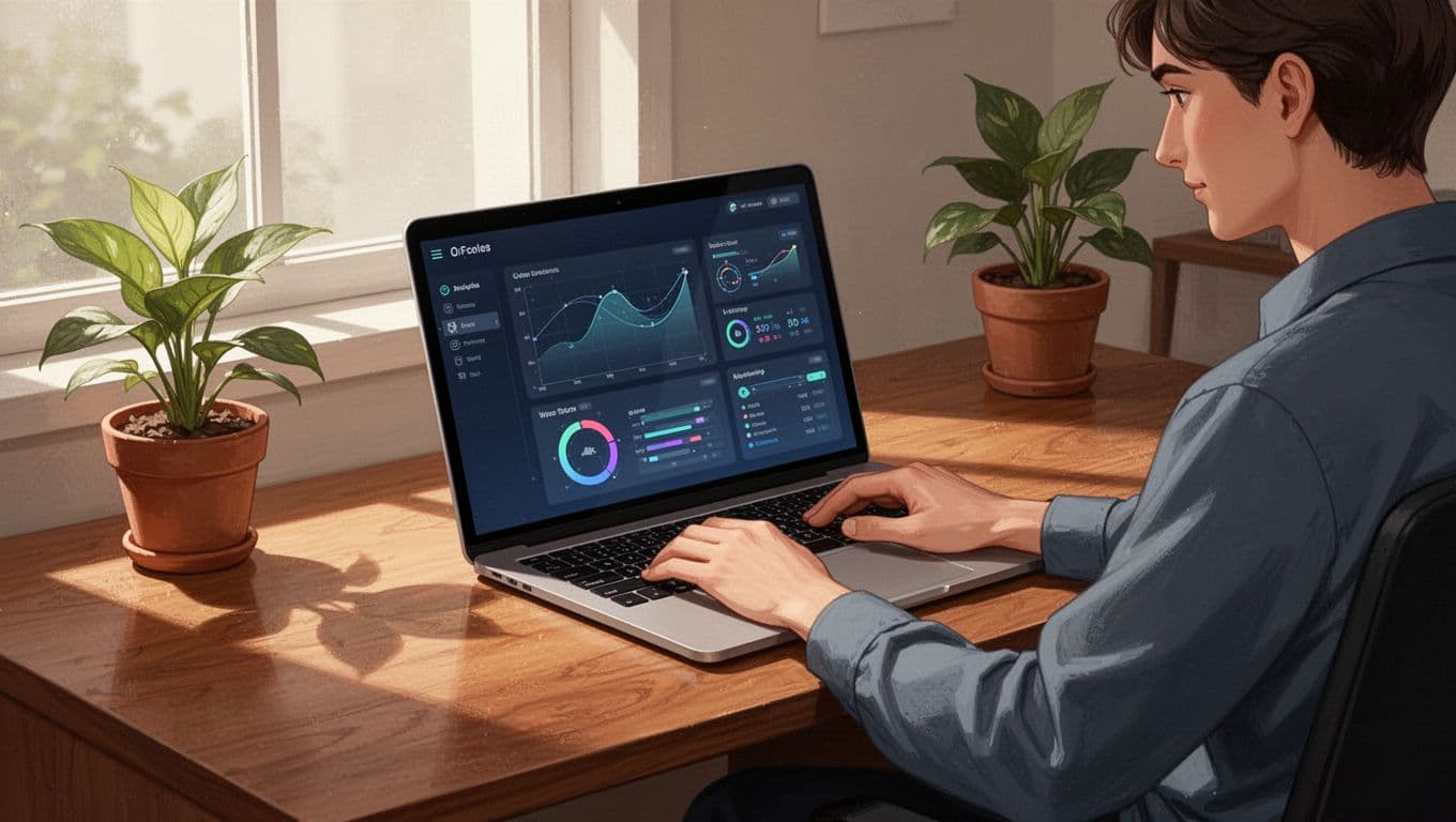 Person in cozy home office configures premium forum dashboard on laptop, hands relaxed on keyboard.