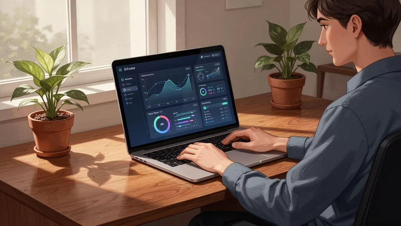 Person in cozy home office configures premium forum dashboard on laptop, hands relaxed on keyboard.