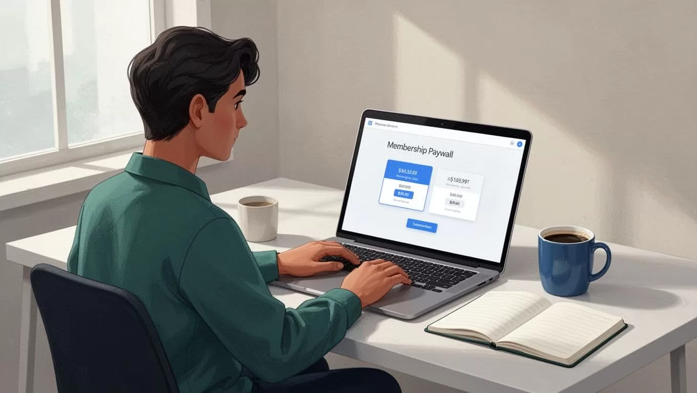 Creator at clean desk configures membership paywall on laptop dashboard showing subscription plans, with coffee mug and notebook.