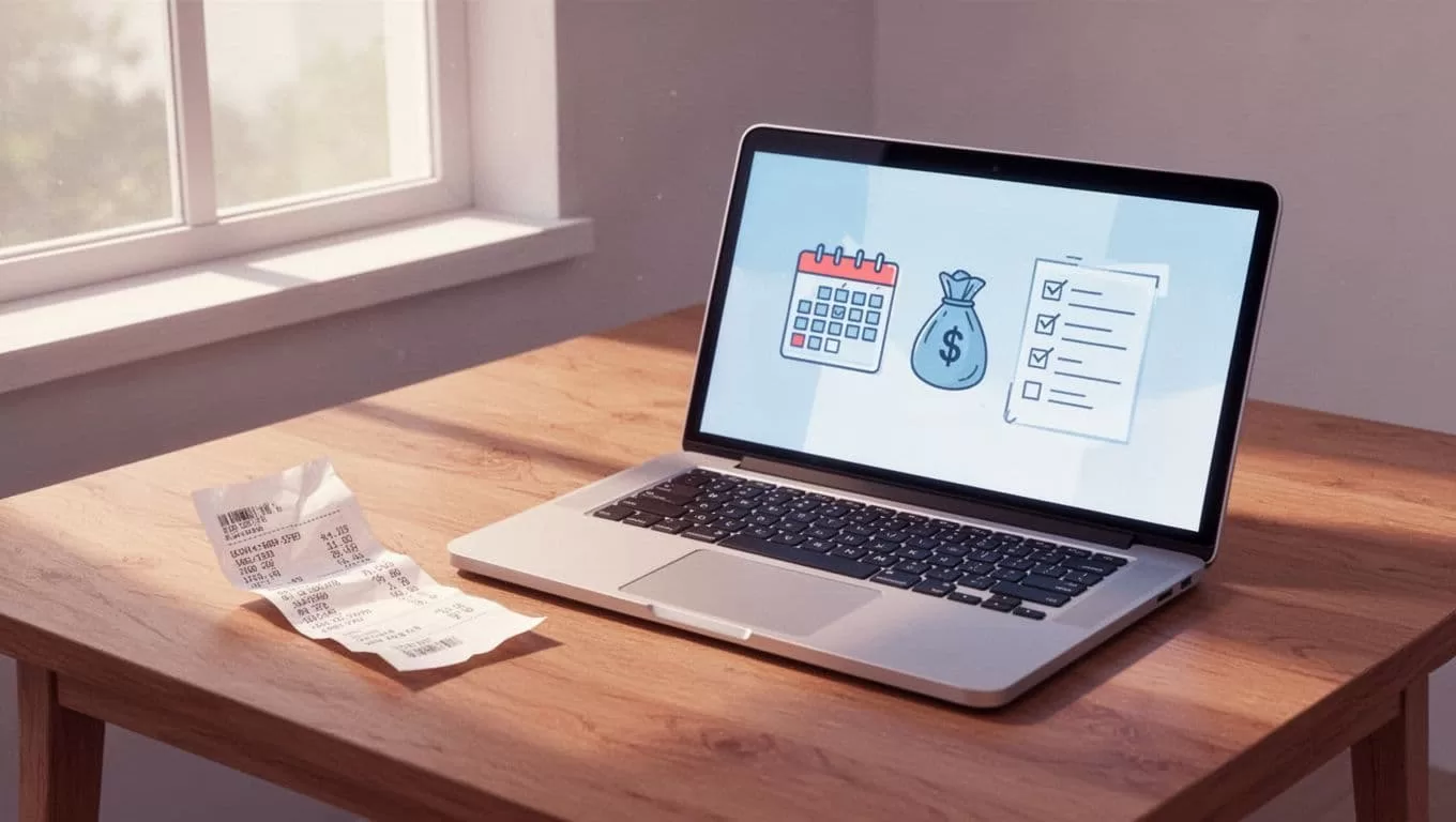 Crumpled receipt on wooden desk beside laptop with floating data icons and scanning glow.