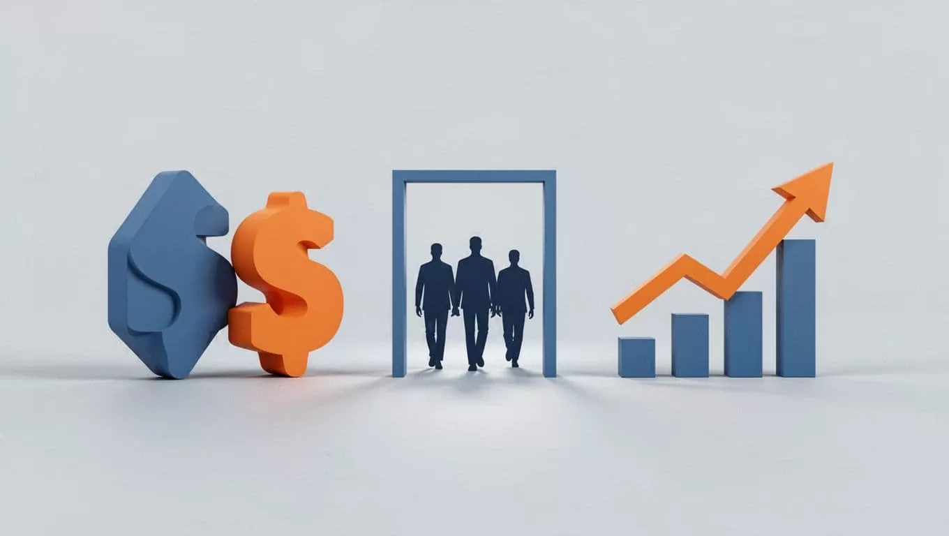 Two expense icons divided by three customer icons equal a chart arrow on light gray background.