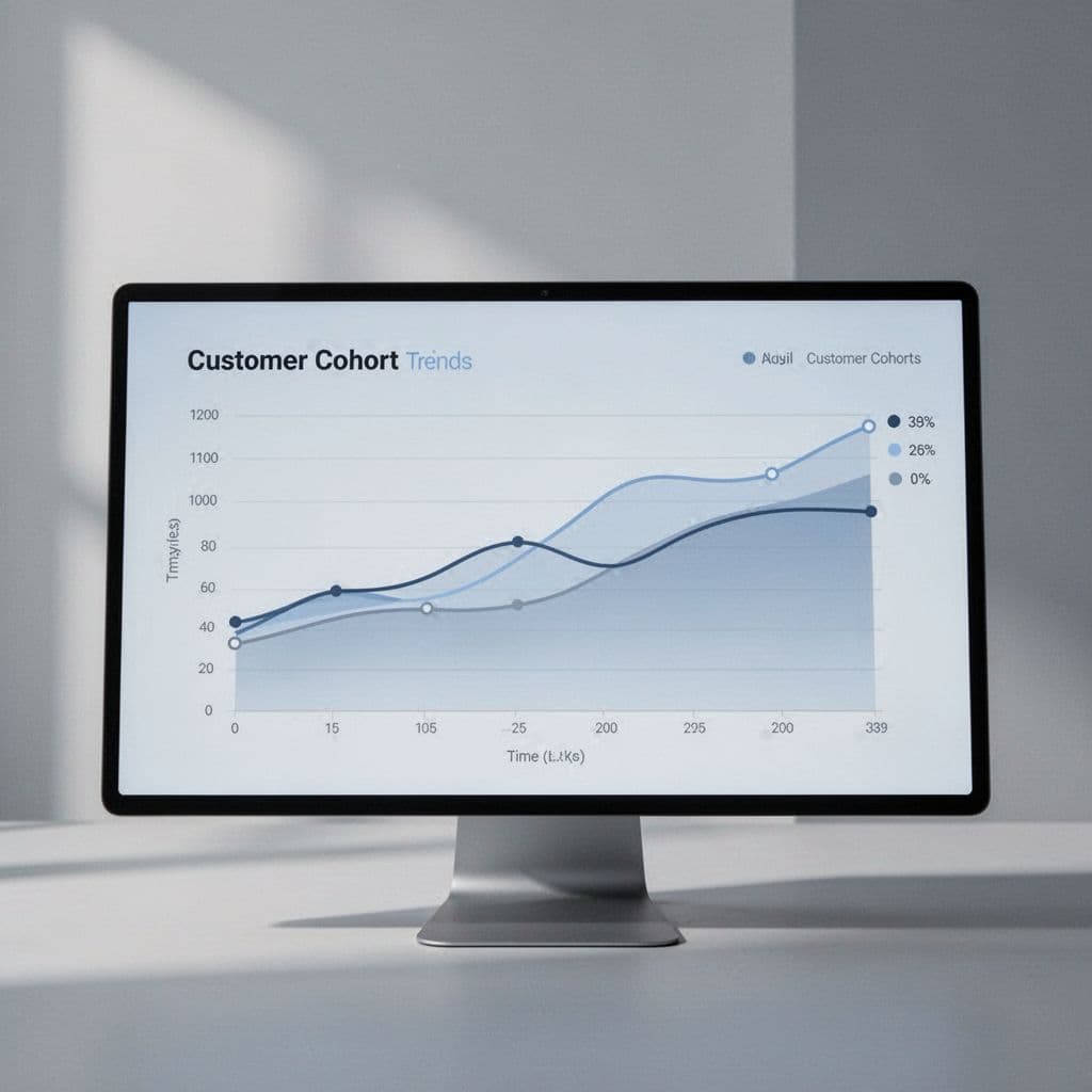A minimalist digital dashboard displays a line chart visualizing customer cohort trends with soft blue and grey tones.