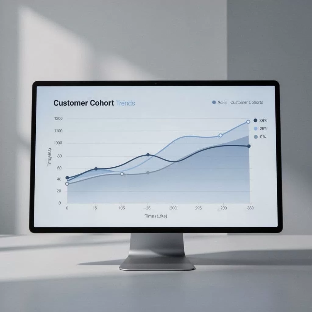 A minimalist digital dashboard displays a line chart visualizing customer cohort trends with soft blue and grey tones.