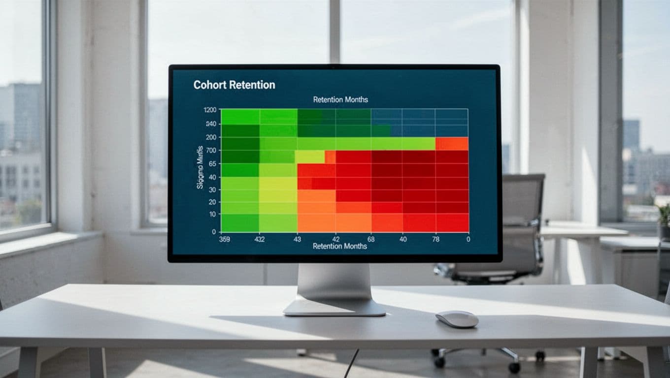 Computer screen on office desk displays color-coded retention heatmap, green for high and red for low, in Baremetrics style.