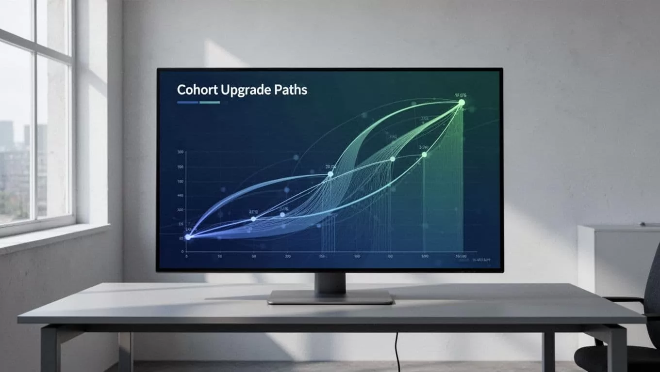 Digital screen in minimalist office displays graph of customer cohorts with upgrade paths and upward revenue trends in blues and greens.