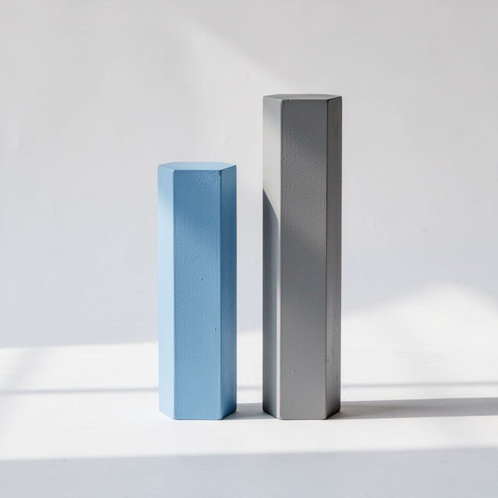 Two minimalist bar charts display side by side in shades of blue and grey.