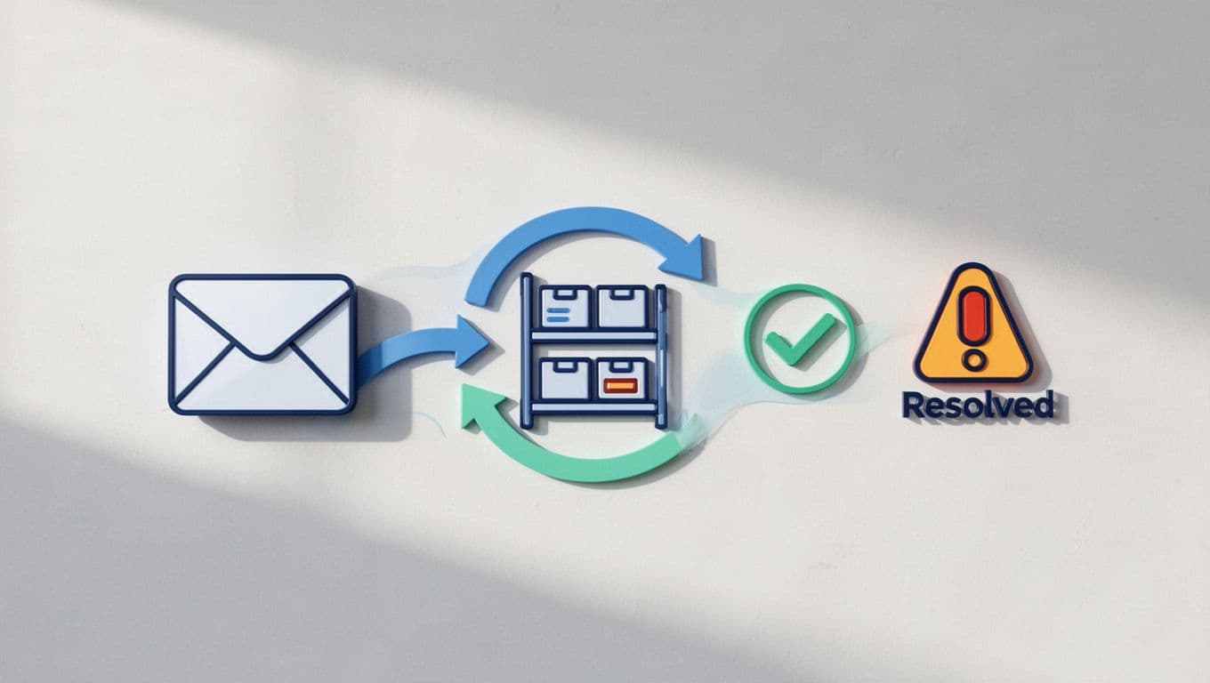 Icons show email notifications, inventory restock arrows, and resolved order exceptions with checkmarks on light background.