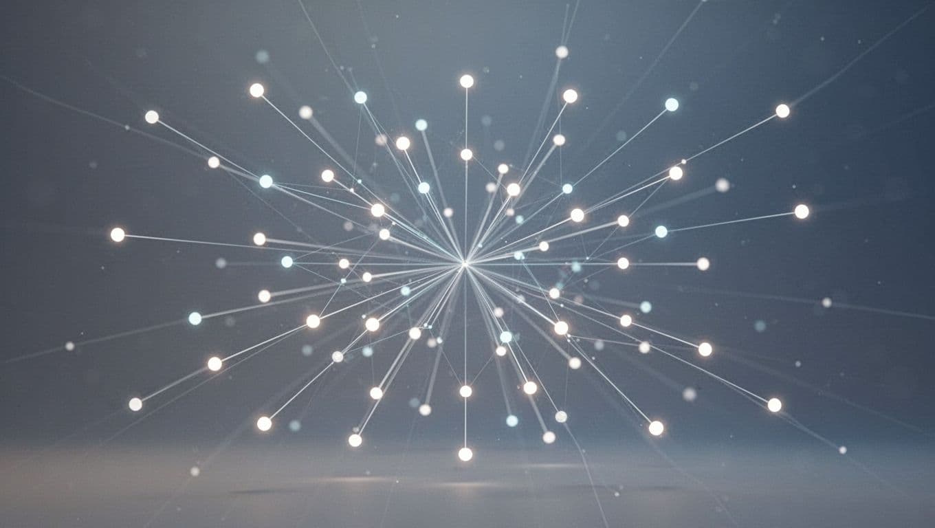 A minimalist graphic features blue and gray dots connected by lines representing data relationships and growth.