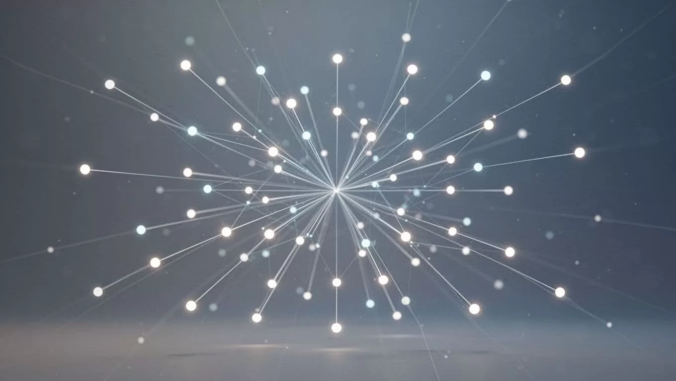 A minimalist graphic features blue and gray dots connected by lines representing data relationships and growth.
