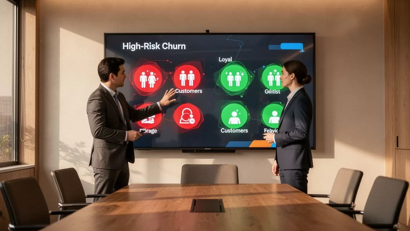 Digital board shows red high-risk churn icons and green loyal customer icons; revenue leader points at it in meeting room.