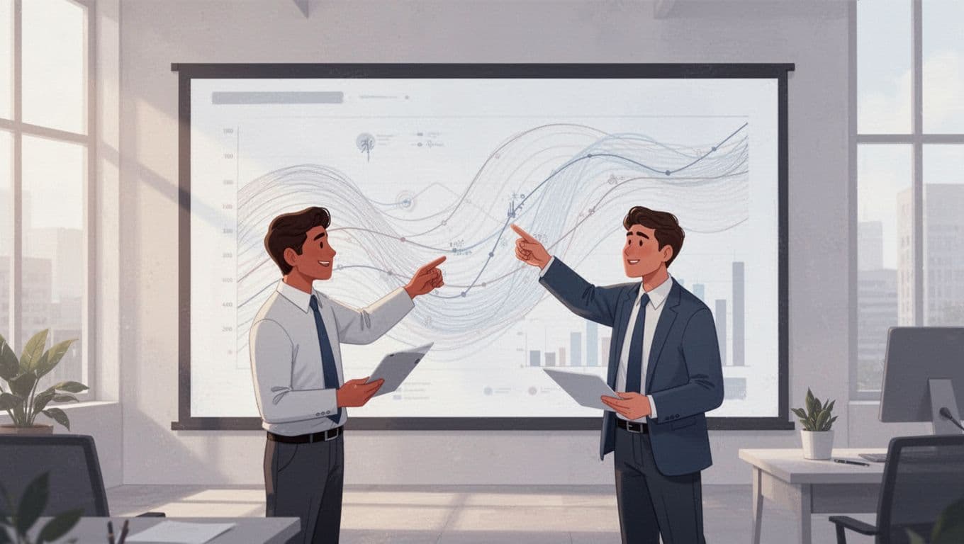 Two colleagues analyze data patterns displayed on a large abstract screen in a modern workspace.