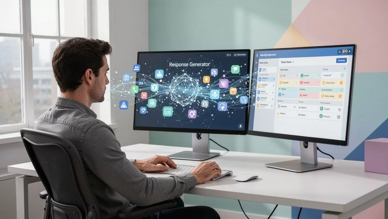 Dual monitors on office desk show emails flowing into response generator and ticket system, one analyst monitoring.