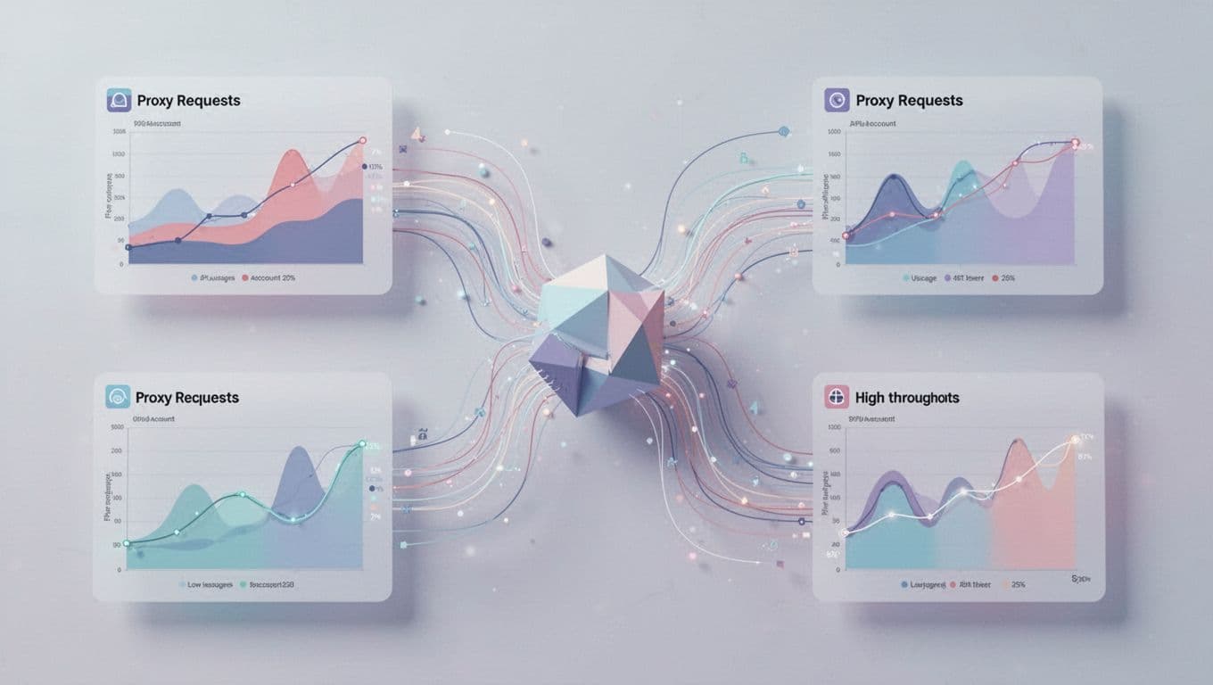 Clean dashboard shows abstract graphs of API usage across multiple accounts with low per-account load and high total throughput.