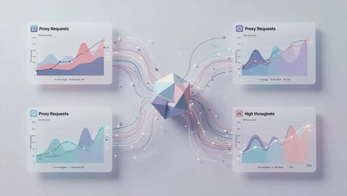 Clean dashboard shows abstract graphs of API usage across multiple accounts with low per-account load and high total throughput.